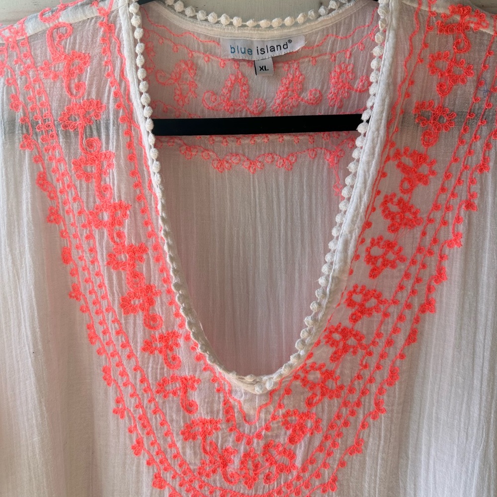 Blue Island beach swim coverup, white w neon coral embroidery